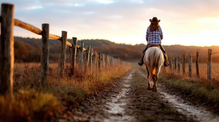 A serene scene capturing a person riding a horse along a dirt path, framed by rustic wooden fences and a sunset glow, evoking a sense of freedom and connection with nature.