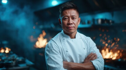 A skilled chef stands confidently in a modern industrial kitchen, showcasing his culinary expertise amid a dramatic fiery backdrop and well-equipped cooking area.