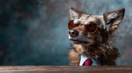 A fashionable dog, dressed in a suit and sunglasses, poses with a charming demeanor, conveying a humorous yet stylish expression that captures attention.