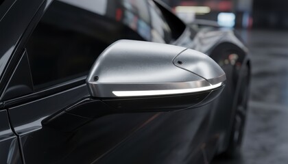 This detailed close-up highlights the illuminated led indicator on the sleek metallic side mirror of a black luxury car, emphasizing a modern, dark mood in a professional garage.