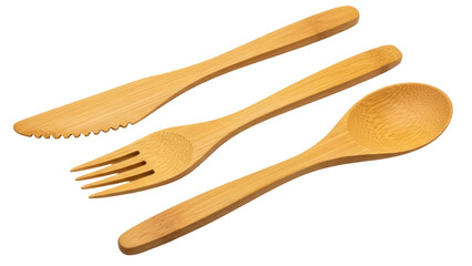 Isolated set of reusable bamboo cutlery knife fork and spoon for zero waste kitchen cooking