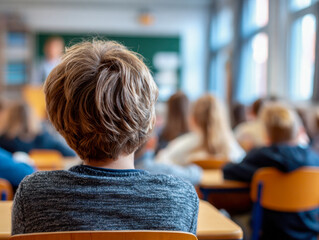 Student sitting at desk focused on lesson in classroom full of attentive children during school day with teacher in the background giving instruction