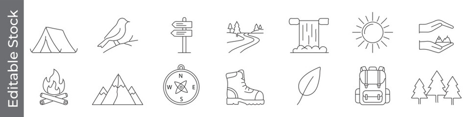 Camping and hiking icon set &ndash; editable outline symbols of tent, campfire, compass, backpack, boot, mountain and trail