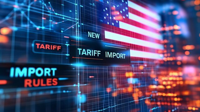 A digital illustration of the American flag with overlaid text about new import rules and tariffs in a futuristic grid pattern