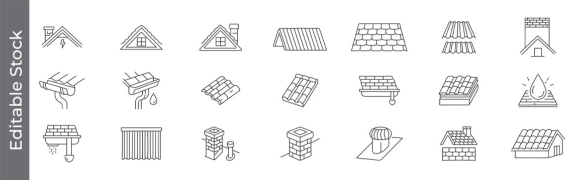 Roofing and gutter repair icon set &ndash; editable outline symbols of roof tiles, shingles, gutters, rain drainage and waterproofing