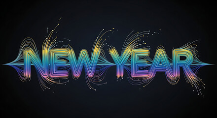 A colorful and vibrant New Year's Eve graphic design with swirling patterns and lights