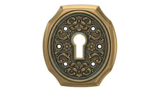 Isolated, ornate keyhole escutcheon with flowers and scroll designs and tarnished brass look
