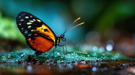 A vibrant butterfly rests gracefully on a leaf, showcasing stunning colors. This close-up highlights the beauty of nature and the elegance of these delicate creatures.