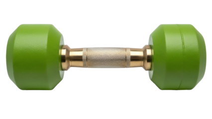 Isolated dumbbell in green and gold with handle for fitness and strength training