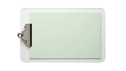 Isolated pale green paper on a clear clipboard, blank template for display or message