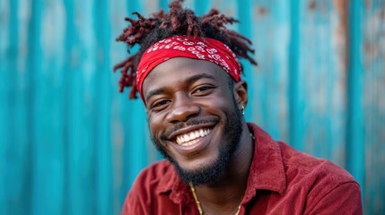 A cheerful young man with a stylish bandana smiles warmly against a vibrant blue backdrop, radiating a carefree spirit and inviting positivity into the viewer's day.
