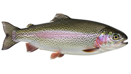 Isolated rainbow trout swimming gracefully with iridescent colors in natural lighting stock photo