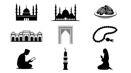 A set of 9 black and white minimalist icons arranged in a 3x3 grid.