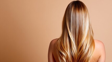 Fototapeta premium This image captures the flowing strands of long blonde hair seen from behind, emphasizing its silky texture and natural shine against a warm, neutral backdrop.