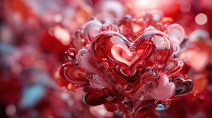 A mesmerizing collection of vibrant, abstract heart shapes in various shades of red and pink, symbolizing love, passion, and emotional connection in a colorful design.