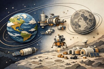 Futuristic exploration of outer space featuring a detailed view of Earth, lunar landscape, advanced spacecraft, and extraterrestrial habitats symbolizing the next frontier in space colonization