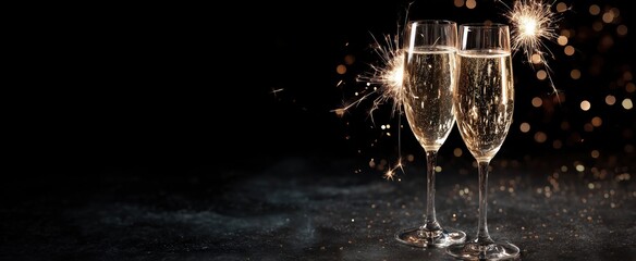Champagne Flutes with Sparklers on Black Background for Celebration Decor