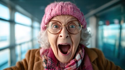 An expressive elderly woman wearing glasses with a joyful expression, radiating excitement and emotion that highlights the beauty of happiness in later life, perfect for candid shots.