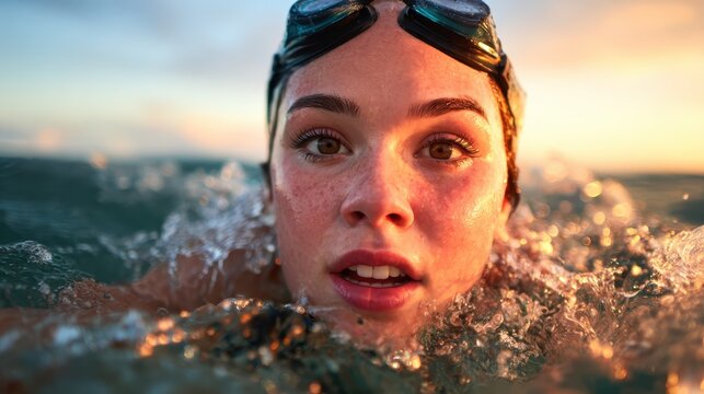 A close-up of a young swimmer emerging from the water, showing determination and focus in her gaze against a backdrop of sparkling waves and a sunset horizon.