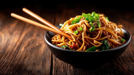A beautifully styled bowl of noodles serves as an enticing meal, topped with vibrant green onions that highlight its savory flavors and appetite appeal in a rustic setting.