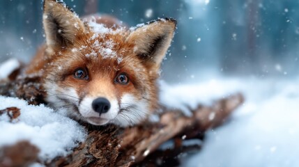 Obraz premium A fox with a snowy coat rests on a log amidst falling snow in a serene, wintery forest setting, showcasing the beauty of wildlife in cold climates and nature's tranquility.
