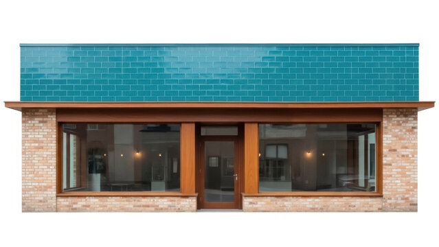 Isolated Small store front facade with large windows and a blue tiled parapet wall on a sunny day