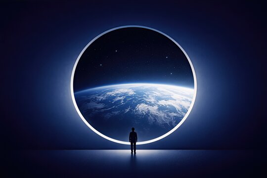 Imposing figure standing at the threshold of a circular portal portraying the Earth and cosmos capturing feelings of exploration and existential wonder