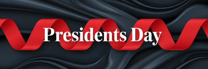 A vibrant image displays a red ribbon forming a wave with the text presidents day prominently featured in white high quality