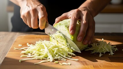 Cutting cabbage on a wooden board for a coleslaw recipe preparation