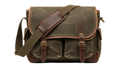 Isolated messenger bag with shoulder strap on display, vintage-style carrying bag with leather accents