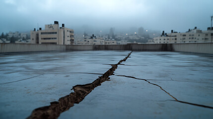 Fototapeta premium Crack in the concrete roof of a building after an earthquake or construction defect, against a backdrop of urban landscape shrouded in mist and rain. Shows structural issues.