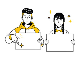 Two people holding signs\Flat Vector Illustration - Vector stock illustration - Technology stock illustration - Business stock illustration - website stock illustration