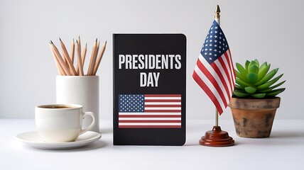 A still life composition featuring a presidents day themed book an american flag succulent coffee and pencils on a white surface