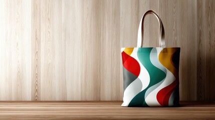 An artistic tote bag featuring vibrant, wavy colors and bold patterns is displayed, reflecting contemporary design and stylish functionality for modern lifestyles.