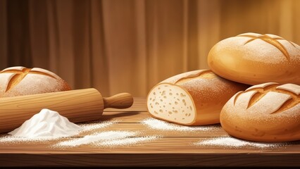 Freshly Baked Artisan Bread on a Wooden Table with Flour and Rolling Pin.