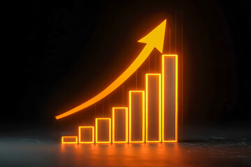 Glowing orange ascending bar chart with upward arrow symbolizing business growth and financial success on dark reflective surface background