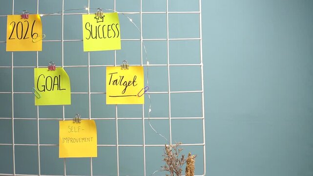 Creative desk footage with fairy lights and metal clips holding goal, target, and success notes on grid board. Minimal workspace concept for planning, motivation, and future vision.