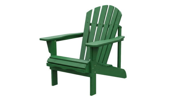 Isolated green wooden outdoor chair with slatted back and armrests, garden furniture