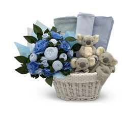 Charming Blue Baby Gift Basket with Koala Plush Toys , Little Koalas and Floral Accents Rose-Shaped Cloths  Cut-Out Clipping Path With Adobe Photoshop Pen Tool . PNG Transparent Gift Box Toy Hamper