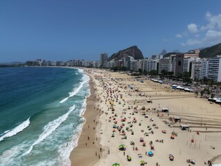 Rio de Janeiro, Brazil, aerial view of Copacabana Beach, Ipanema, the city skyline with the rocky hills full of vegetation, Copacabana Fort, Avenida Atlantica (Atlantic Avenue) and skyscrapers