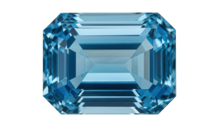 Isolated elegant blue Emerald cut aquamarine gemstone, clean, polished, and reflective