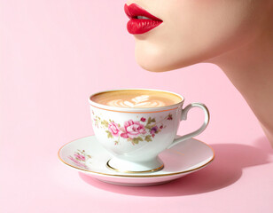 A girl with a cup of coffee, romantic, nostalgic morning routine concept, retro aesthetic.