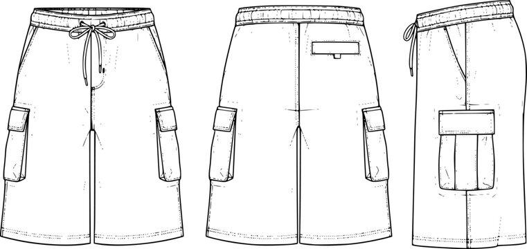 mens wide leg baggy bermuda shorts fashion flat sketch vector illustration technical cad drawing template
