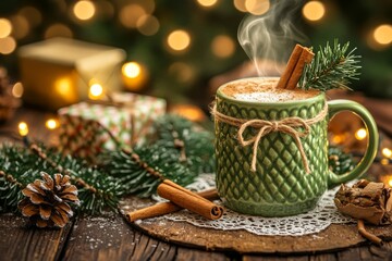 selective focus rustic christmas morning with steaming mug