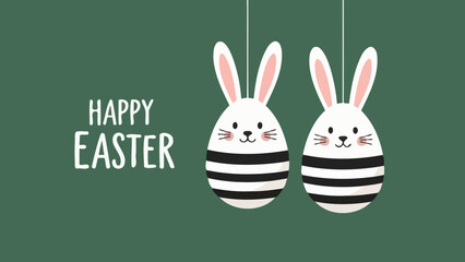 Two adorable Easter bunny eggs with black and white stripes hang against a dark green background with the words "HAPPY EASTER" on the left.