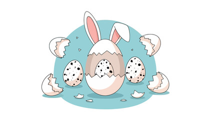 A whimsical Easter egg with bunny ears cracks open to reveal a smaller speckled egg inside, surrounded by broken eggshells.