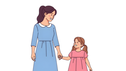 A woman and a young girl holding hands isolated on transparent background