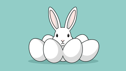 Adorable Easter Bunny Peeking Through a Circle of White Eggs, Vector Illustration