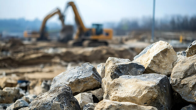 Rocks on a construction site where earthmoving equipment is leveling the ground for construction. The focus is on the rocks in the foreground, providing texture & scale. - Powered by Adobe