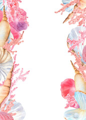 Two vertical borders with colorful seashells, pink polyp corals, pearls. Underwater world. Seabed clipart. Coral reef frame. Hand-drawn watercolor illustrations for sea-themed design, packaging